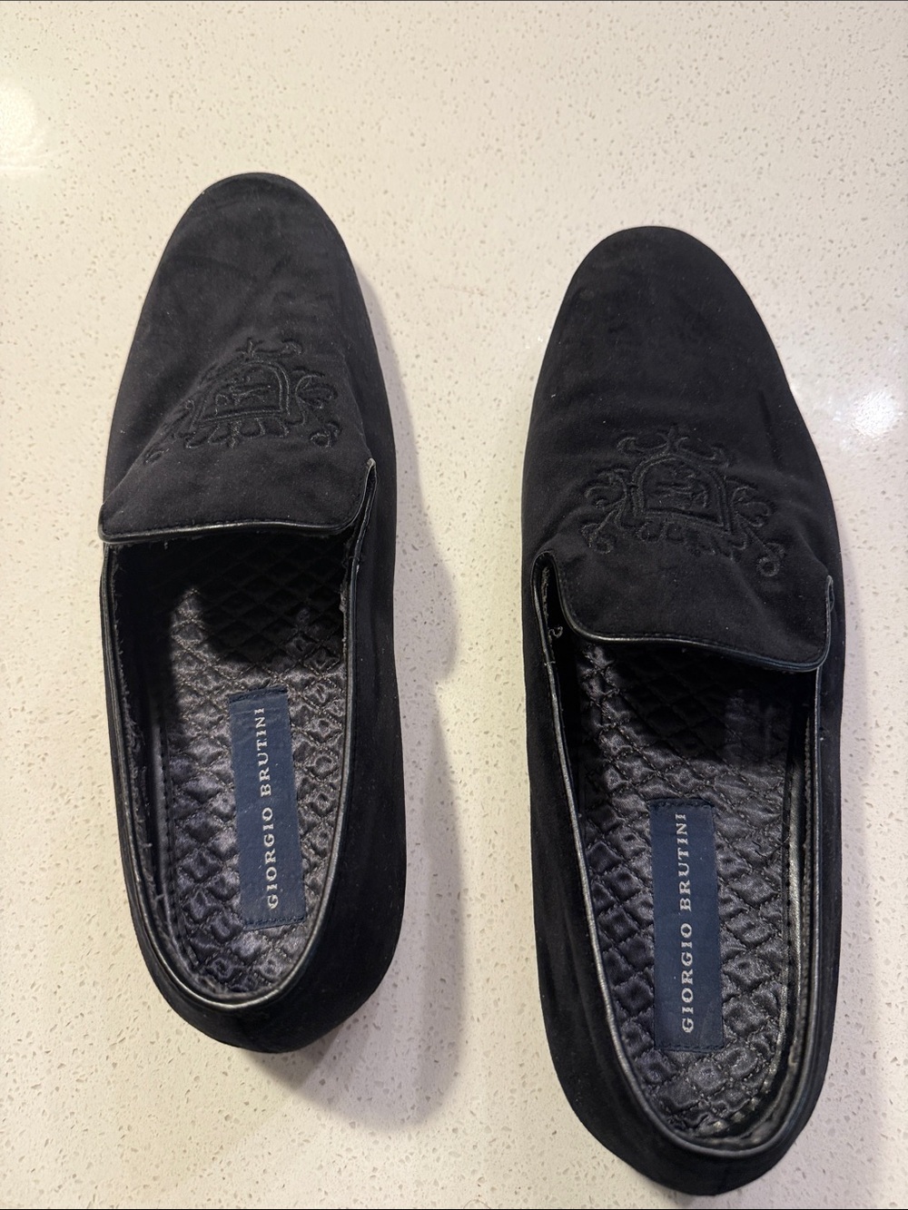 Giorgio Brutini Black Suede Embroidered Crest Slip-On Loafers